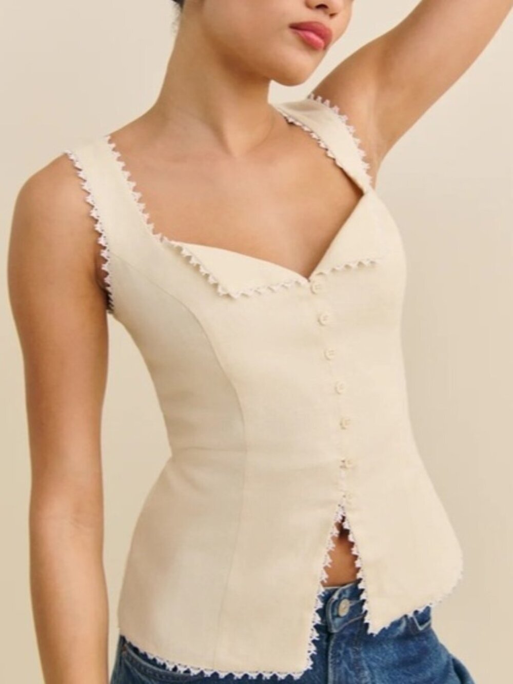 NEW Reformation Viola Linen Lace Sleeveless Top Sugar Cream | US 2 UK 6